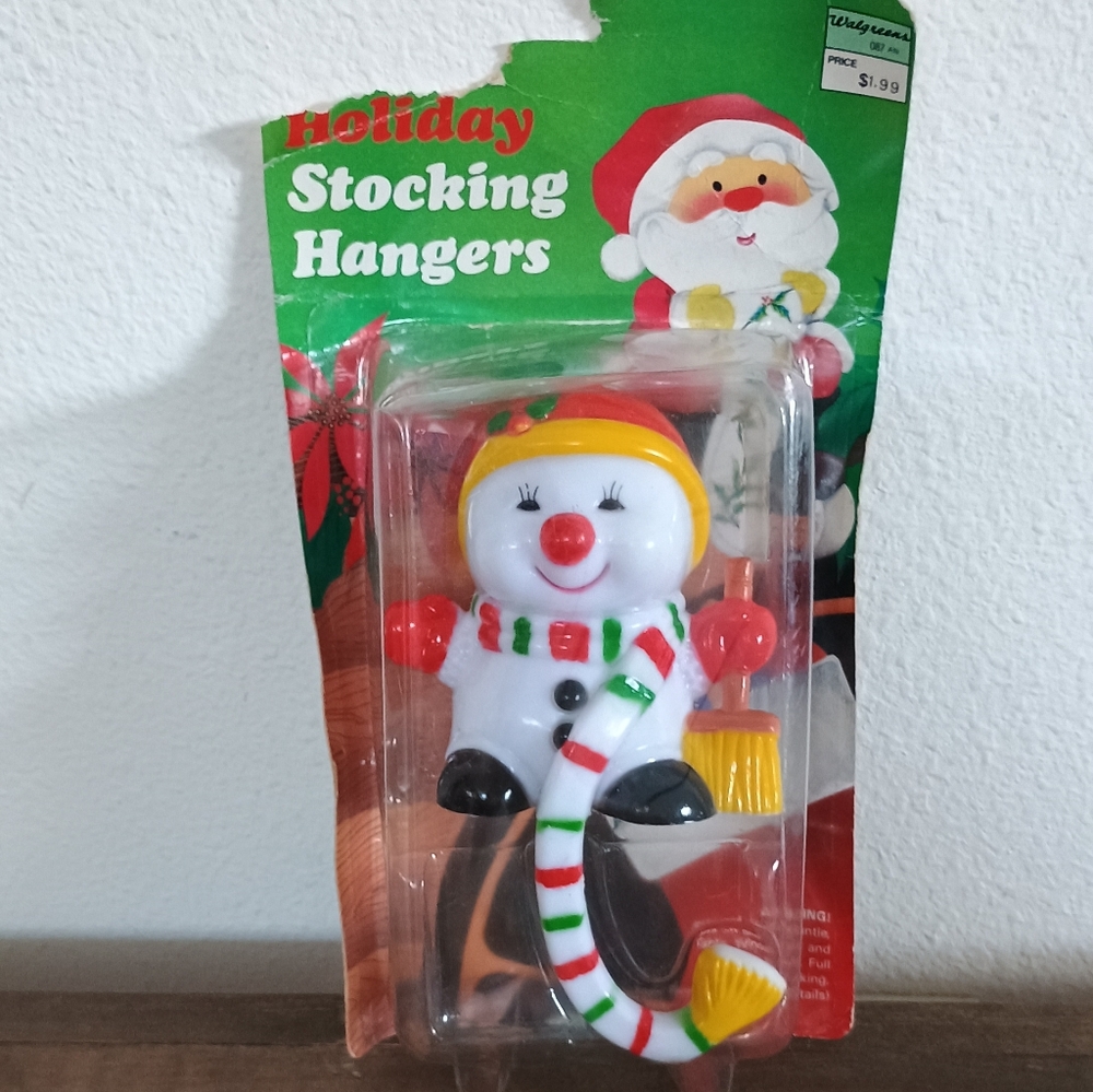 VINTAGE JoyBrite Hard Plastic Christmas Stocking Hanger SMILEY SNOWMAN 80s